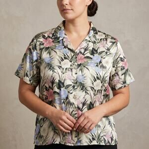 Stunt Women's 100% Silk Blouse Floral Tropical Coastal Grandma Button Up XL